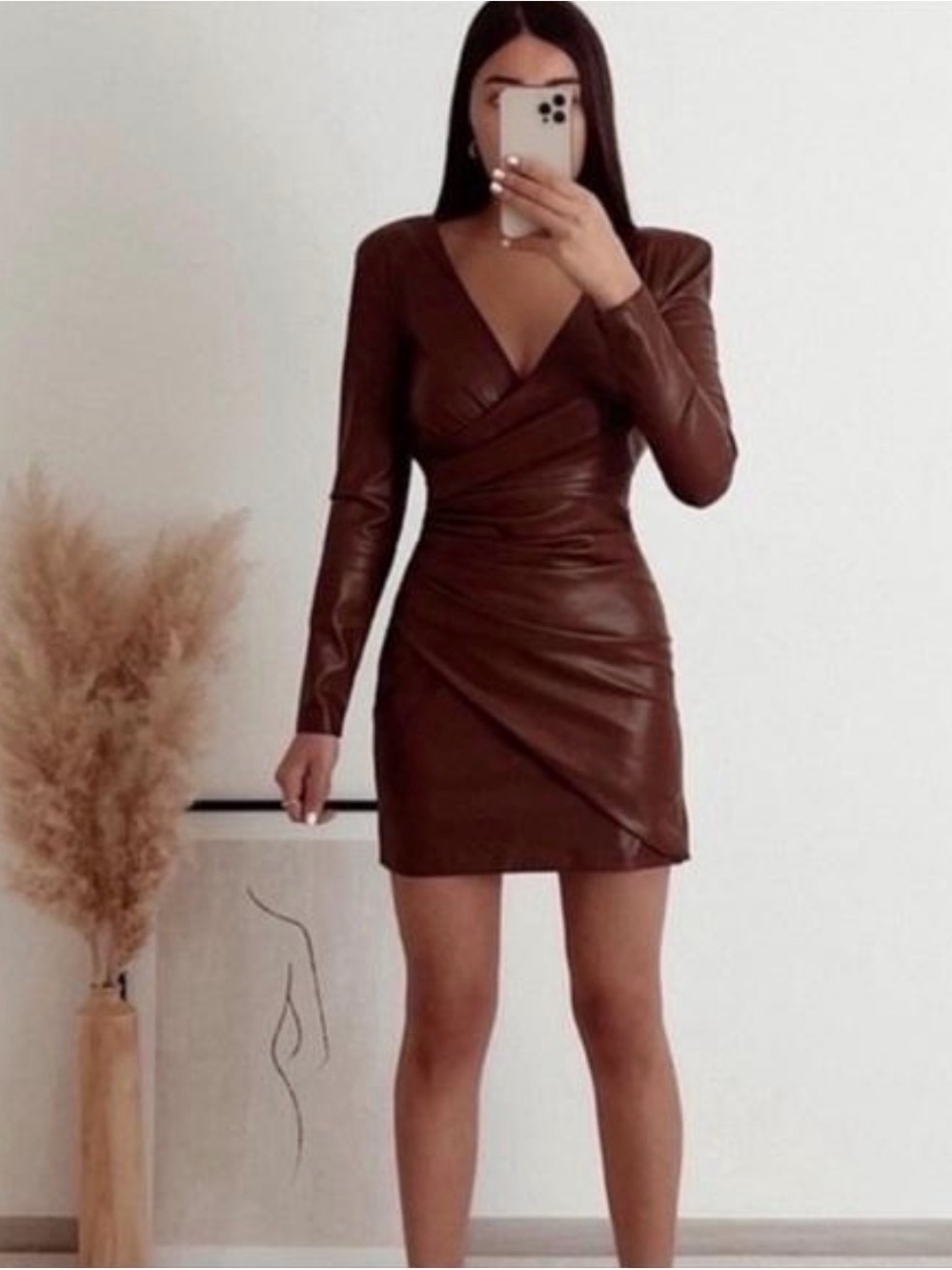 ZARA Brown Faux Leather Draped Ruched Wrap Mini Dress Size M - Picture 2 of 6